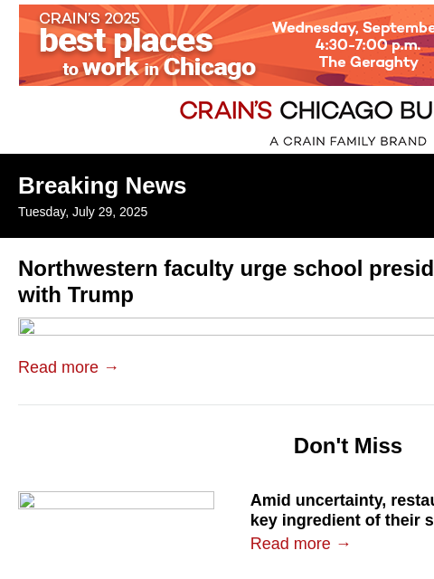 crainalerts newsletter: Northwestern faculty urge Schill to avoid Trump de...