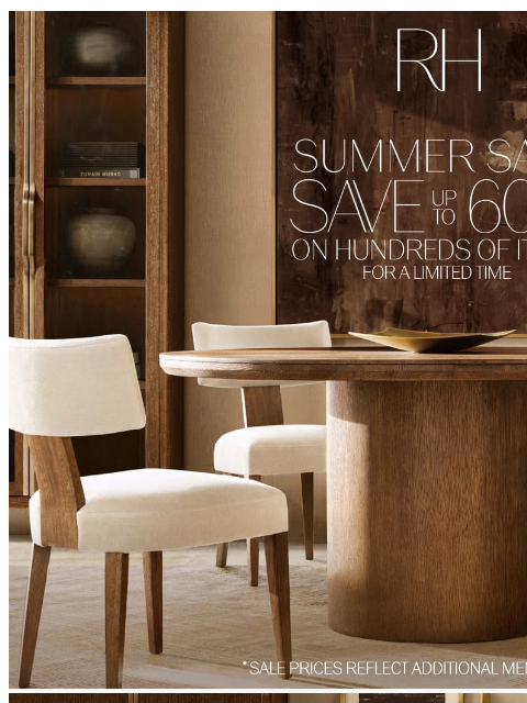 rh newsletter: Explore Our Summer Sale. Up to 60% Off In-Stock Co...