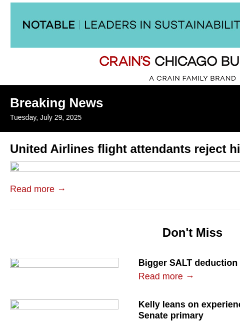 crainalerts newsletter: United flight attendants reject contract