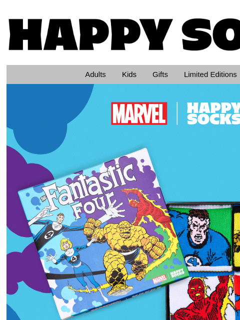 happysocks newsletter: Super Hero sneaker socks: Fantastic Four.