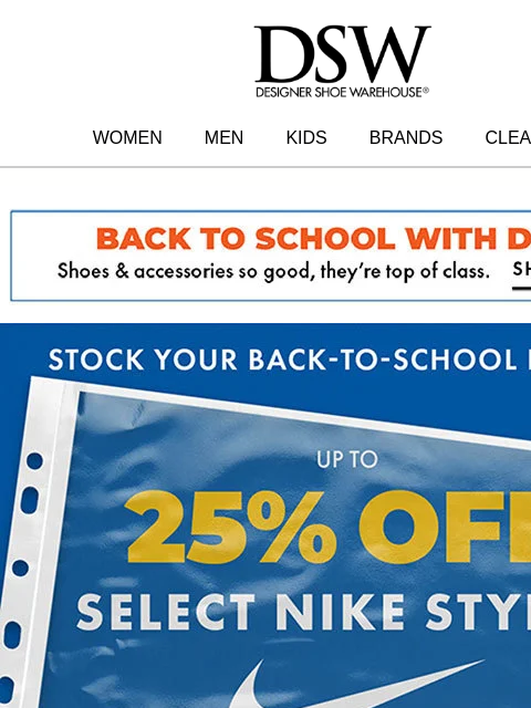 dsw newsletter: Up to 25% off select Nike styles!
