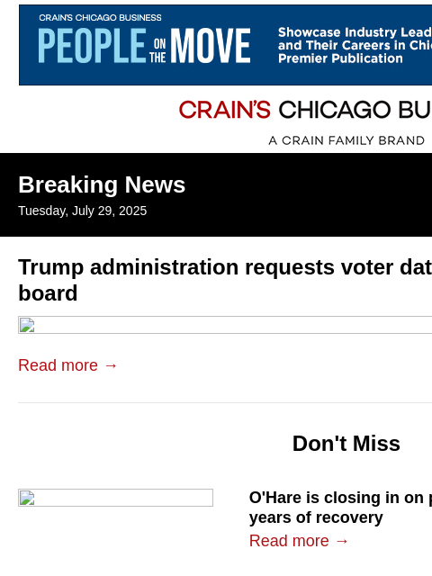 crainalerts newsletter: DOJ requests troves of Illinois voter data