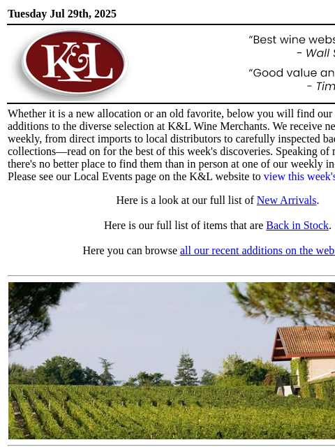 klwines newsletter: The Latest from K&L: New Adds and Back In Stock