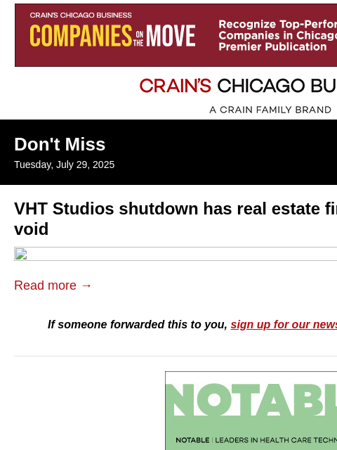 crainalerts newsletter: VHT Studios shutdown has real estate firms scrambl...