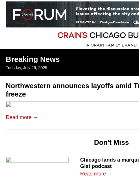 crainalerts newsletter: Layoffs at Northwestern University