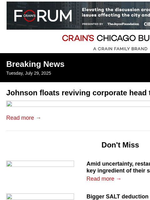 crainalerts newsletter: Johnson eyes corporate head tax revival