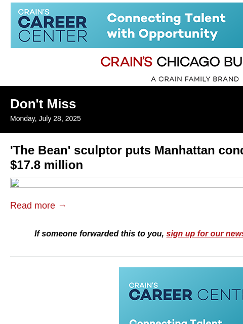 crainalerts newsletter: The Bean’ sculptor lists Manhattan condo