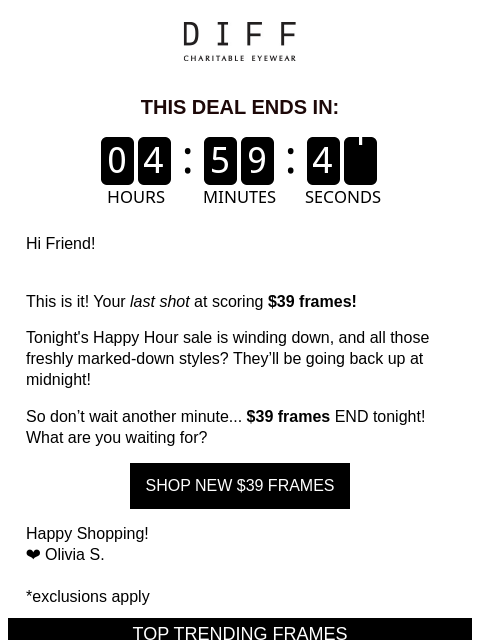 diffeyewear newsletter: Last Call: New $39 Frames End At Midnight! ⌛