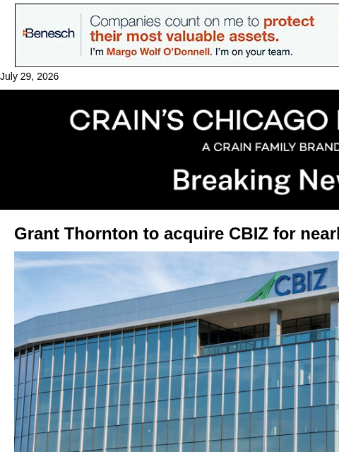 crainalerts newsletter: Grant Thornton to acquire CBIZ for $3B