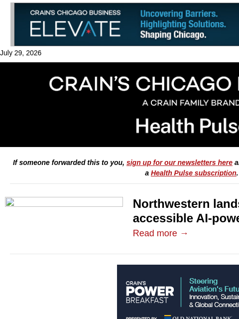 crainalerts newsletter: Northwestern gets $20M for a protein lab
