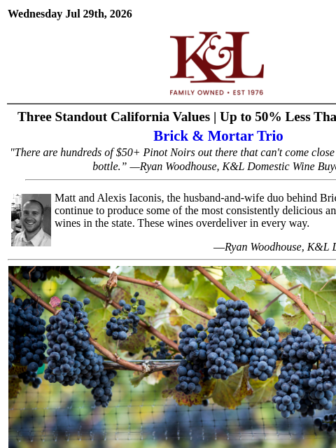 klwines newsletter: 93-94 Point Brick & Mortar from $14.95