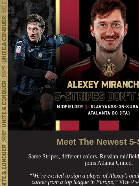 ATL UTD signs… ﻿͏ ﻿͏ ﻿͏ ﻿͏ ﻿͏ ﻿͏ ﻿͏ ﻿͏ ﻿͏ ﻿͏ ﻿͏ ﻿͏ ﻿͏ ﻿͏ ﻿͏ ﻿͏ Meet The Newest 5-Stripe Same Stripes, different colors. Russian midfielder, Alexey Miranchuk joins Atlanta United. “We're excited to