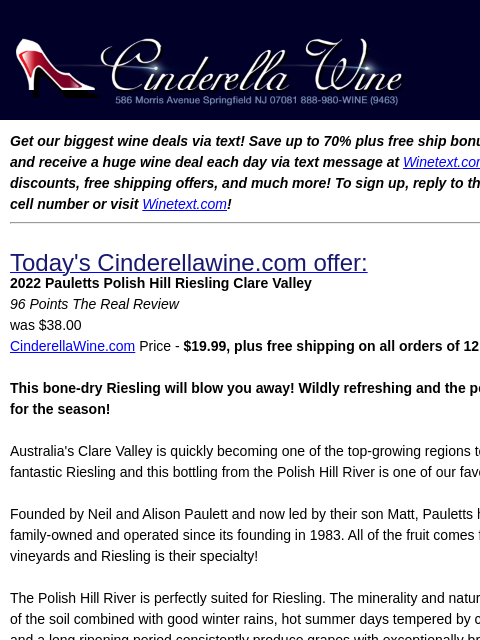 winelibrary newsletter: 2022 Pauletts Polish Hill Riesling Clare Valley (9...