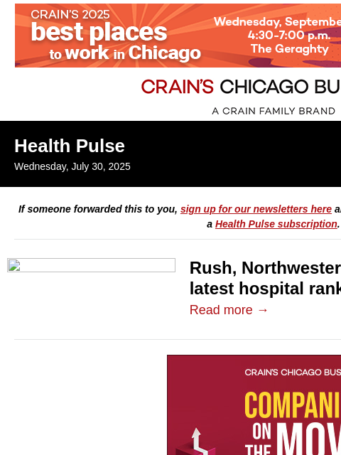 crainalerts newsletter: Where Chicago hospitals excelled in latest ranking...