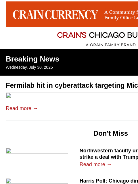 crainalerts newsletter: Fermilab hit in cyberattack