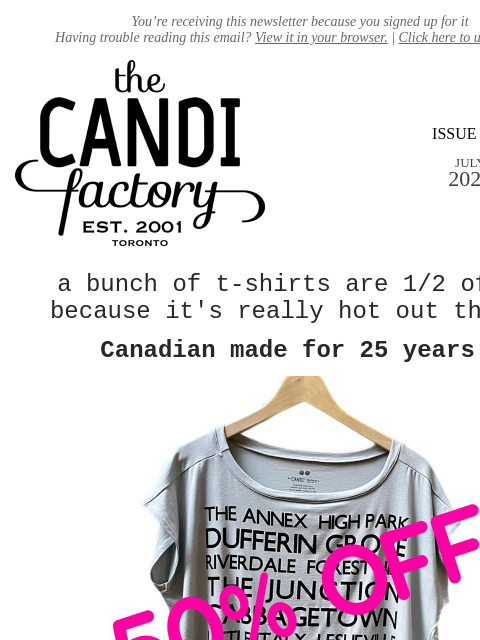 createsend7 newsletter: 50% off a bunch of t-shirts
