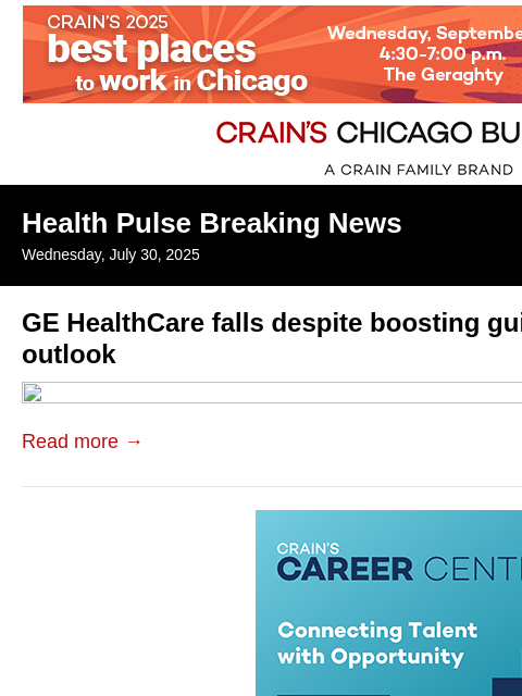 crainalerts newsletter: GE HealthCare falls despite boosting guidance