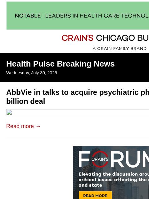 crainalerts newsletter: AbbVie in talks for $1B psychiatric acquisition