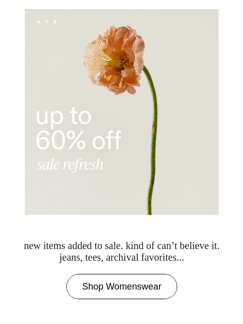 ayr newsletter: attn: new styles, 60% off