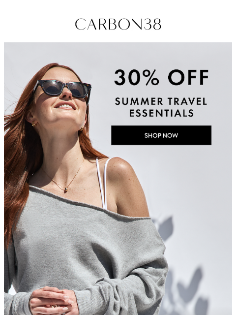 carbon38 newsletter: 30% off Summer Travel Essentials