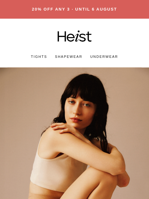 heist-studios newsletter: 20% off any 3 nude tights