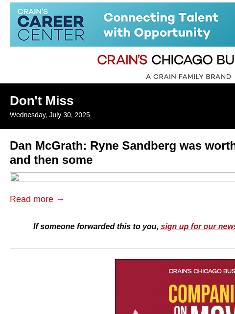 crainalerts newsletter: The legacy of Cubs icon Ryne Sandberg