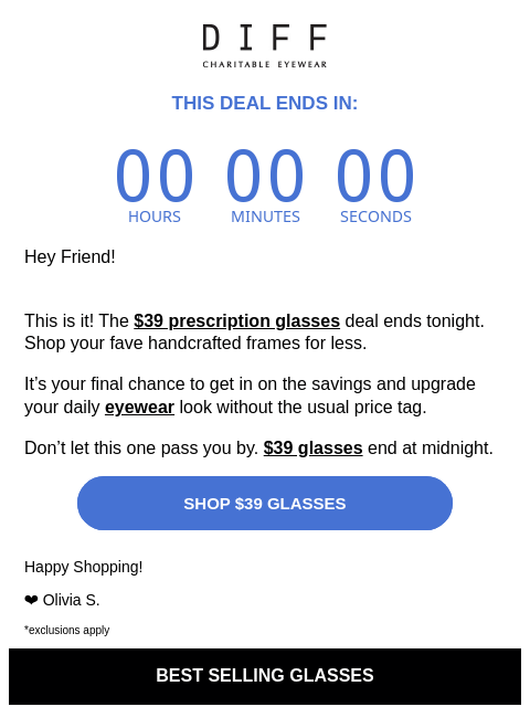 diffeyewear newsletter: Last Chance: $39 Prescription Glasses Ends Tonight...