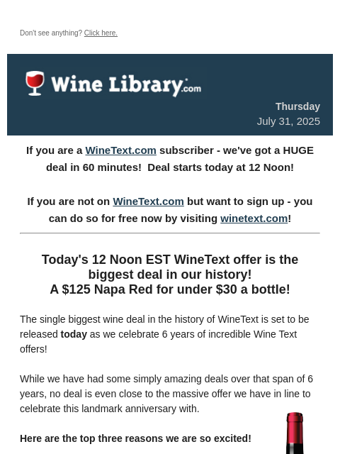 winelibrary newsletter: It's today at 12 Noon EST!  A $125 Napa Red for un...