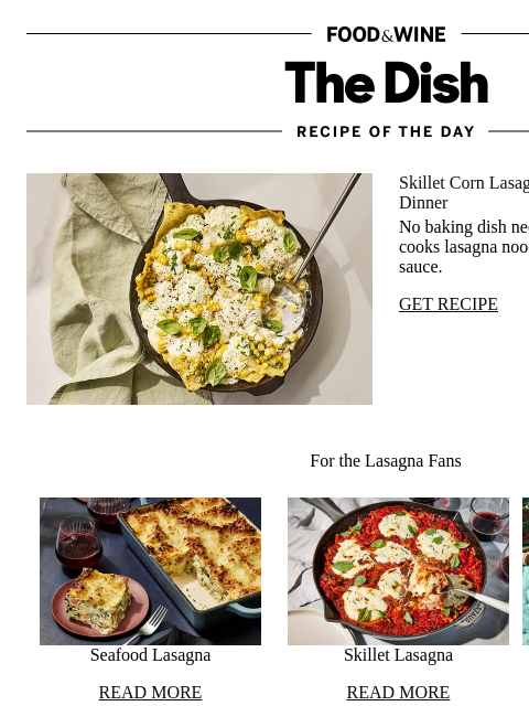 foodandwine newsletter: Skillet Corn Lasagna