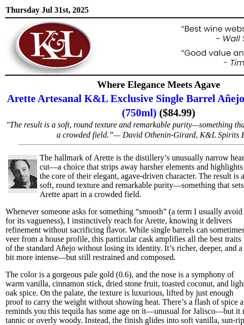 klwines newsletter: K&L Exclusive: Arette’s Rare Single Barrel Añejo H...