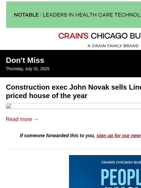 crainalerts newsletter: Construction exec sells Lincoln Park's priciest ho...