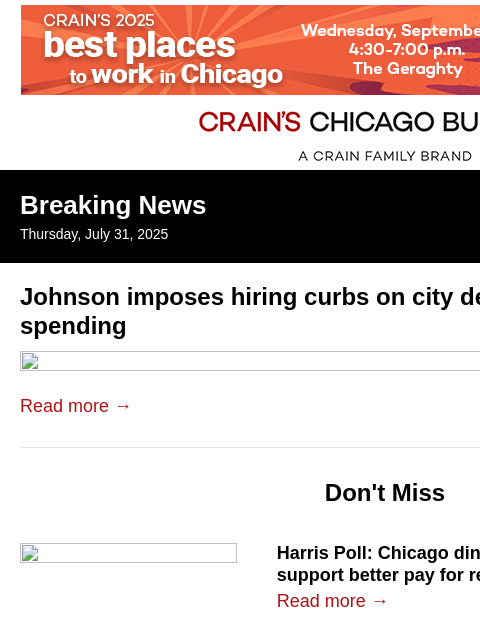 crainalerts newsletter: Johnson imposes hiring curbs