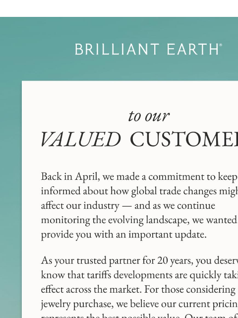 brilliantearth newsletter: A message on upcoming tariffs