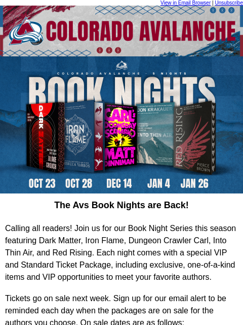 thecoloradoavalanche newsletter: 📚 Avs Book Night Series Announced