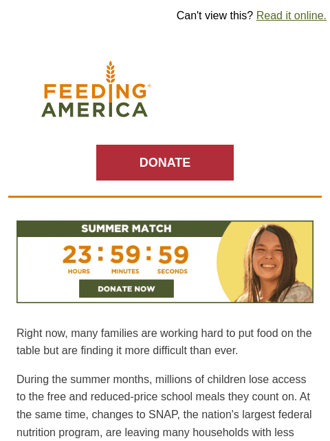 feedingamerica newsletter: [STATUS: PENDING] Your 2X match offer expires toni...