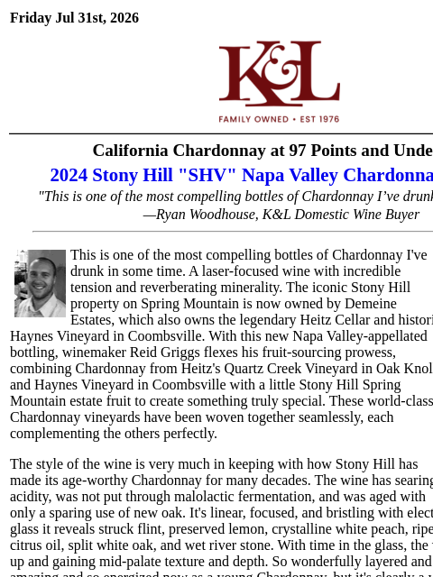 klwines newsletter: 97-Point Chardonnay Less Than $50 from the Legenda...