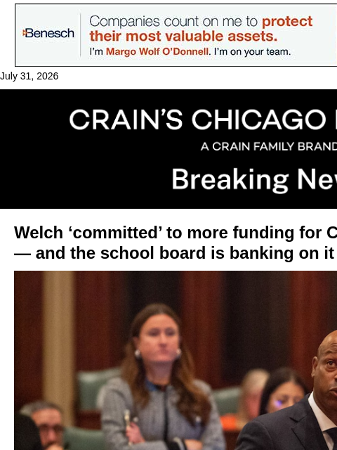 crainalerts newsletter: Welch ‘committed’ to more CPS funding