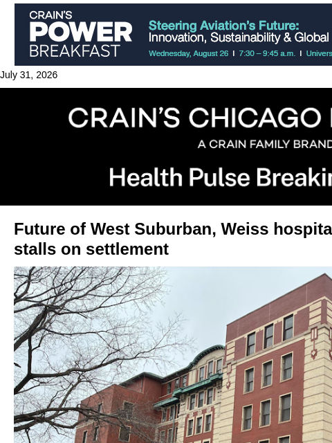 crainalerts newsletter: West Suburban, Weiss legal fight drags on