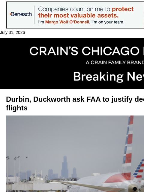 crainalerts newsletter: Durbin, Duckworth question O'Hare flight caps
