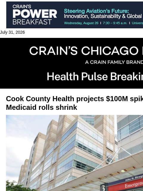 crainalerts newsletter: Cook County Health faces charity care spike