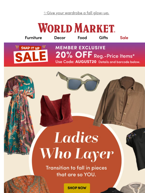 emailworldmarket newsletter: 20% off! Includes NEW dresses and sweaters.