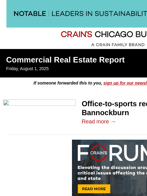 crainalerts newsletter: Office-to-sports redevelopment pitched
