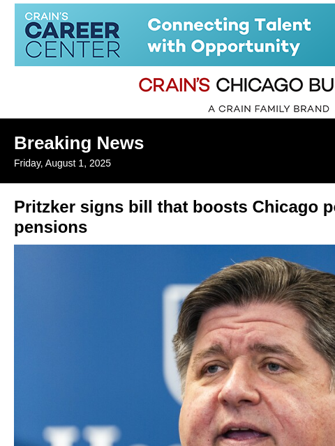 crainalerts newsletter: Pritzker signs police and firefighter pension bill