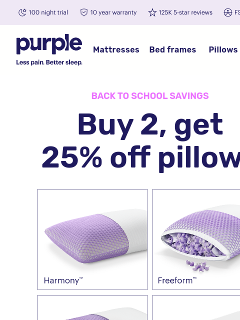 purple newsletter: 25% off 2 fan-favorite pillows
