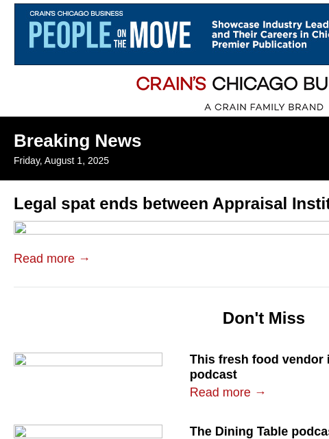 crainalerts newsletter: Appraisal Institute, ex-CEO end legal spat