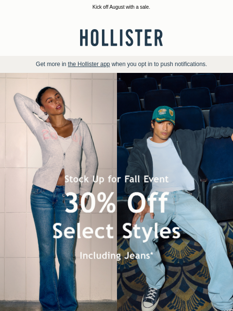 hollisterco newsletter: 30% off, including jeans!