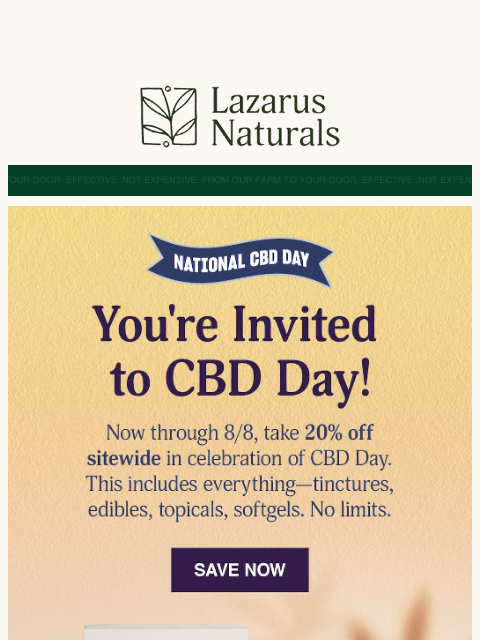 lazarusnaturals newsletter: 💚 20% Off Just Dropped for National CBD Day! 🎉