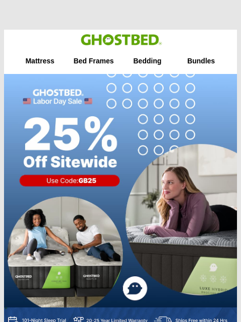 ghostbed newsletter: Labor Day Blowout ---- 25% off everything!