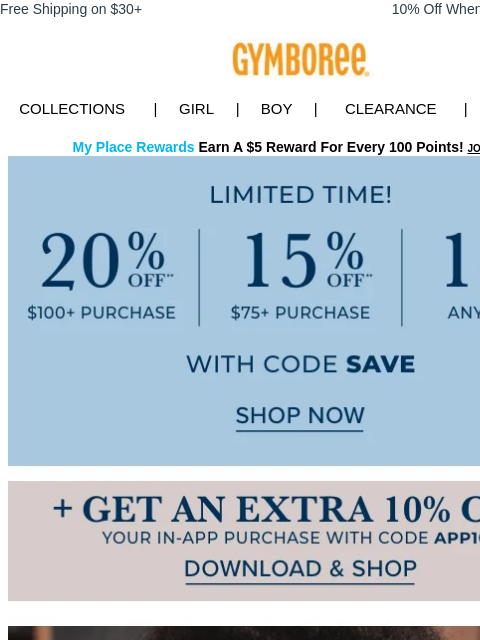 gymboree newsletter: STARTS NOW! 20% off your order + EXTRA 10% off IN-...