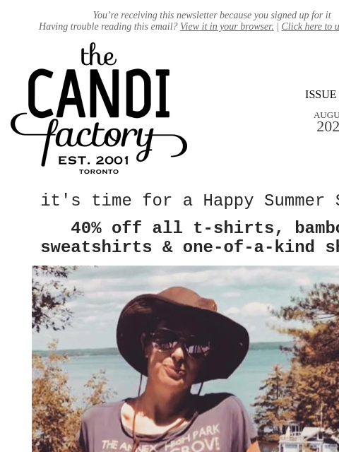 createsend7 newsletter: Happy Summer!  40% off t-shirts, bamboo sweatshirt...